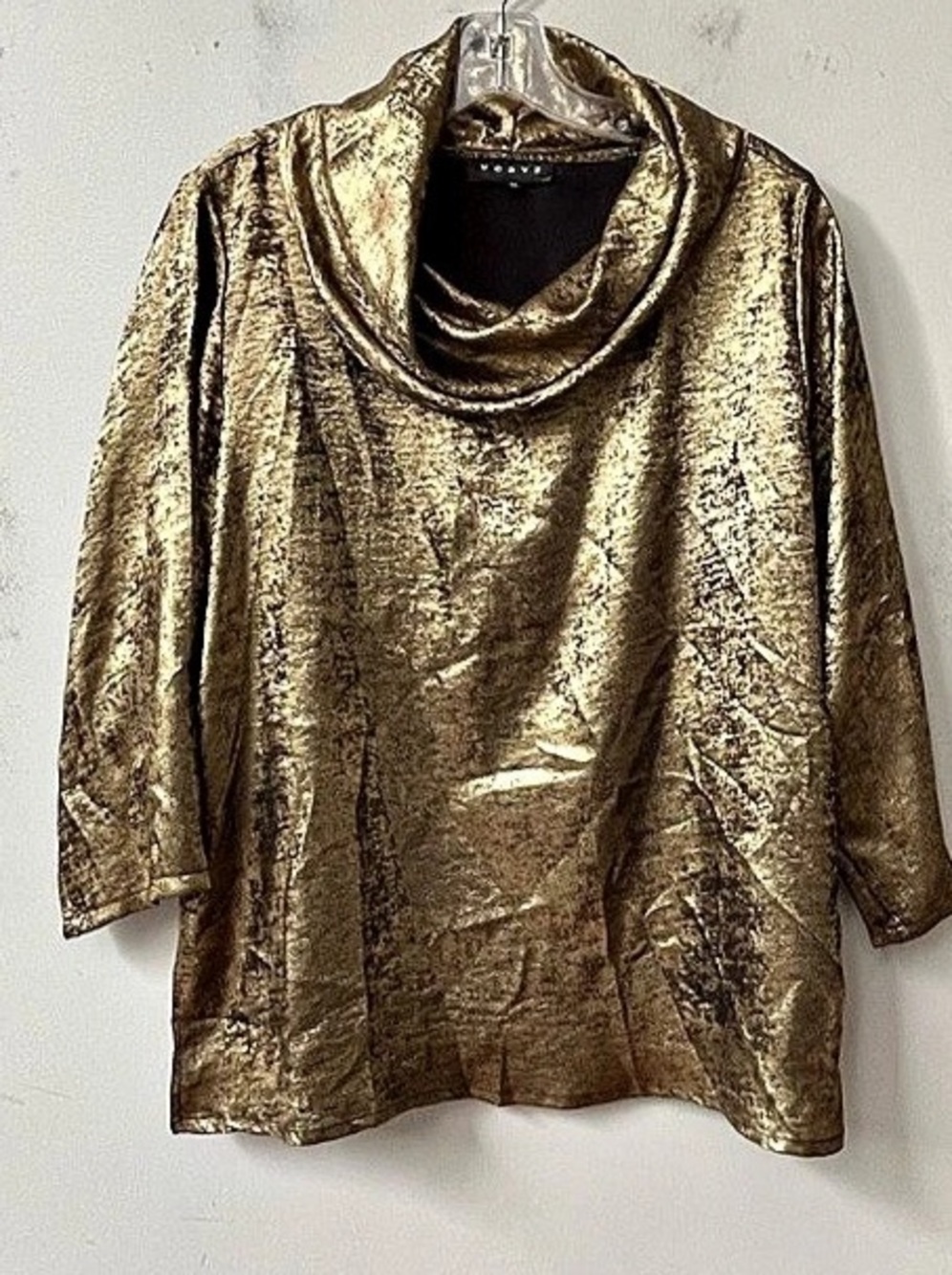 Weavz Metallic Gold Cowl Neck Tunic Party Blouse Top Womens Medium 3/4 Sleeve